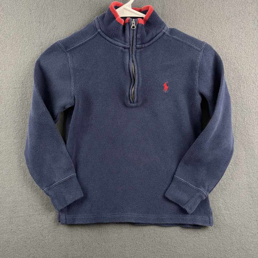 Polo Ralph Lauren Sweater Youth Small 8 Quarter Zip Pullover Navy Blue Red Pony